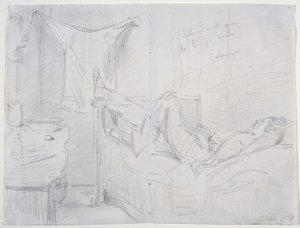 服が乾くのを待つ、ケルン、1858年（オフホワイトの織り紙に鉛筆） 作： James Abbott McNeill Whistler